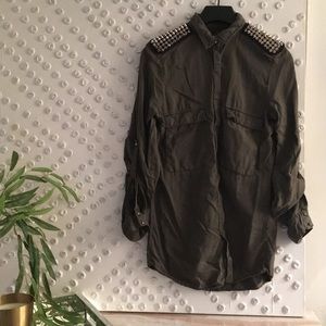Zara Military Green Spiked Shoulder Button Shirt